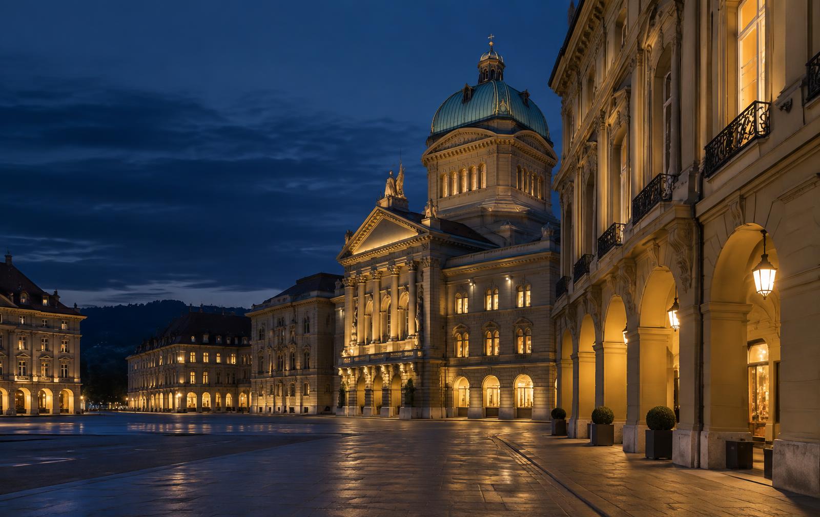 Historische Architektur am Bundesplatz in Bern bei Abendlicht